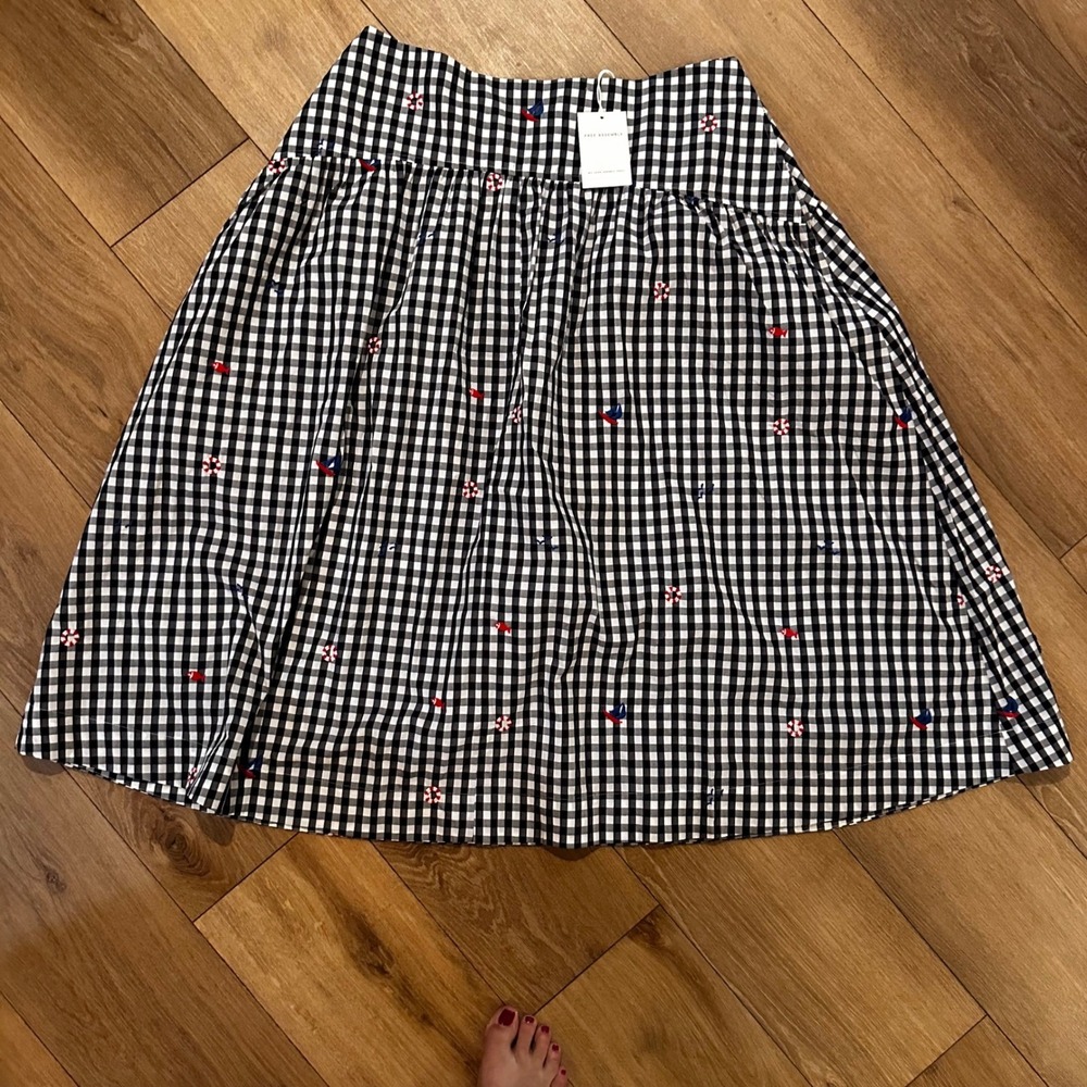 Free Assembly Womens Gingham Embroidered Nautical Midi Skirt Black White 16 NWT